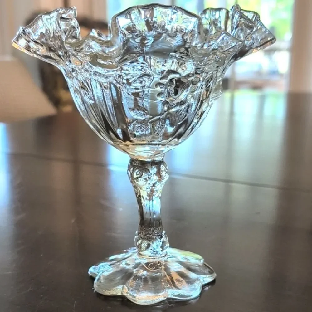Vintage Fenton Glass Floral Crimped Ruffle Edge Compote Pedestal Candy Dish